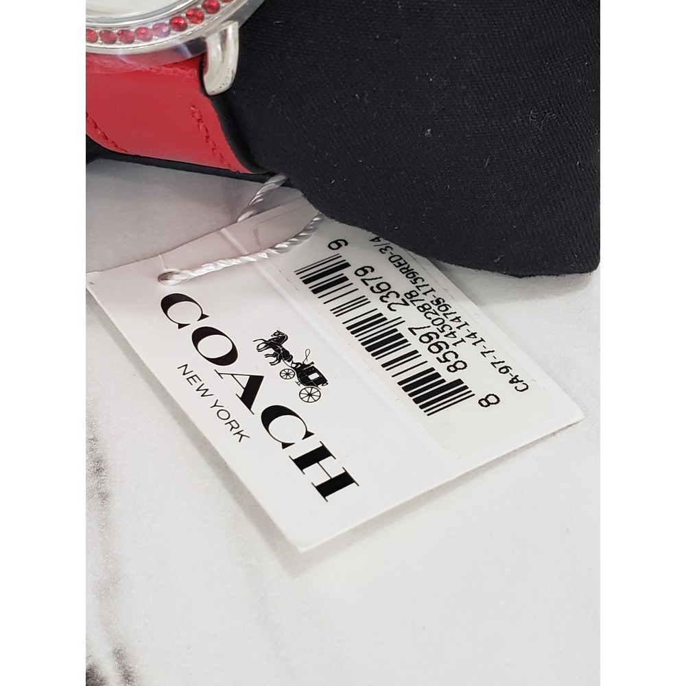 NEW COACH Red Leather Crystal Rhinestone Silver Plated Ladies Watch Leather Y2k - Picture 2 of 7